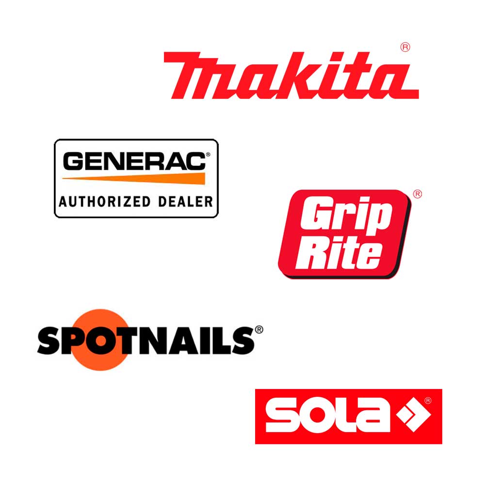 Graphic of 5 logos for sale items - MAKITA, GENERAC, GRIP RITE, SPOTNAILS, SOLA