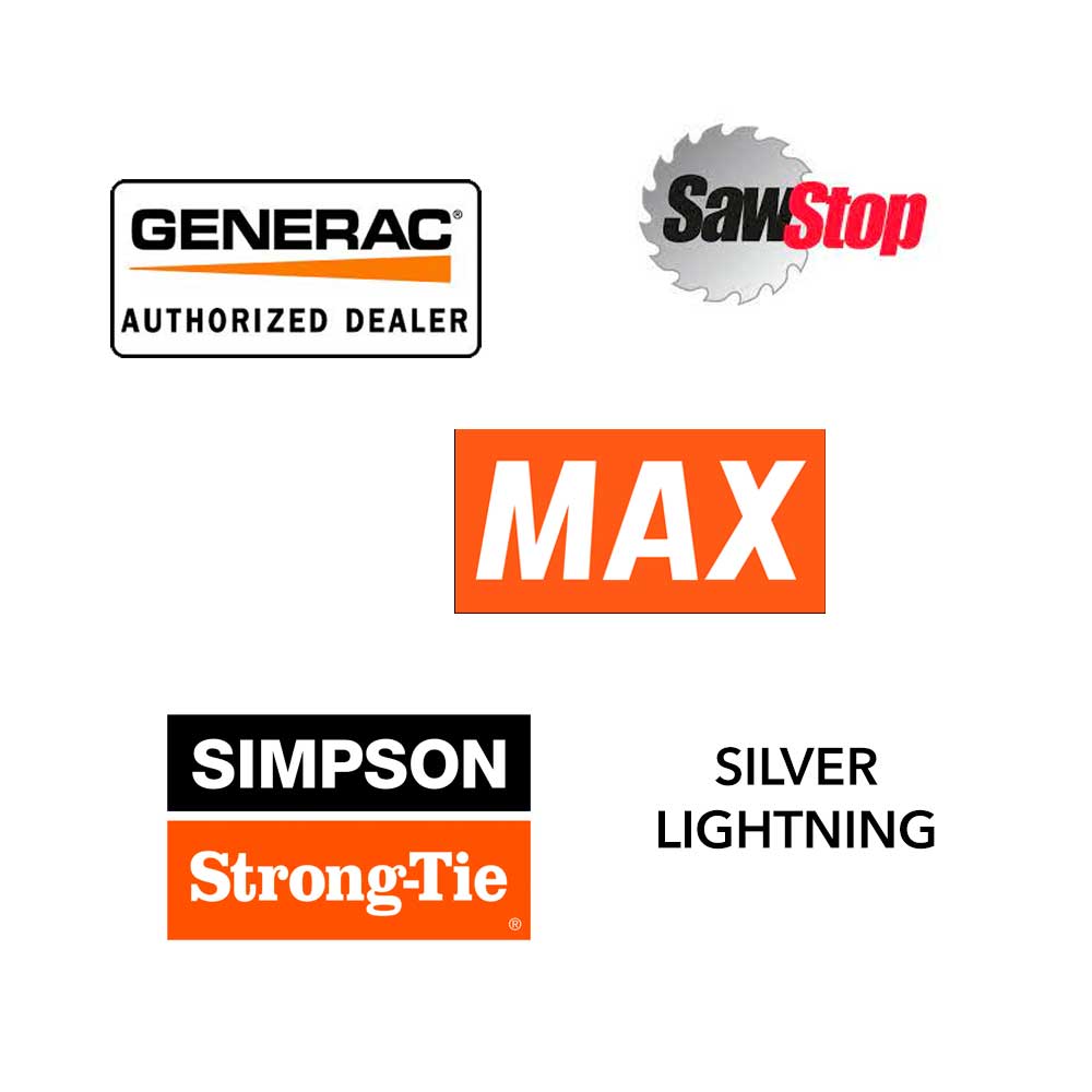 Graphic of 4 logos for special offer items - SawStop, Simpson Strong Tie, Generac, MAX, and the words Silver Lightning