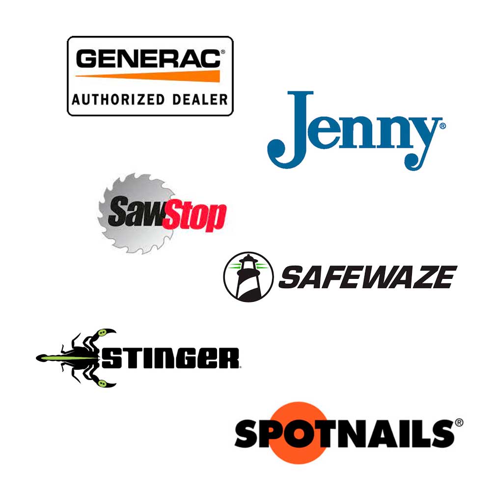 Graphic of 6 manufacturer logos for special offer items - Spotnails, Stinger, Generac, Sawstop, Jenny, Safewaze on a white background