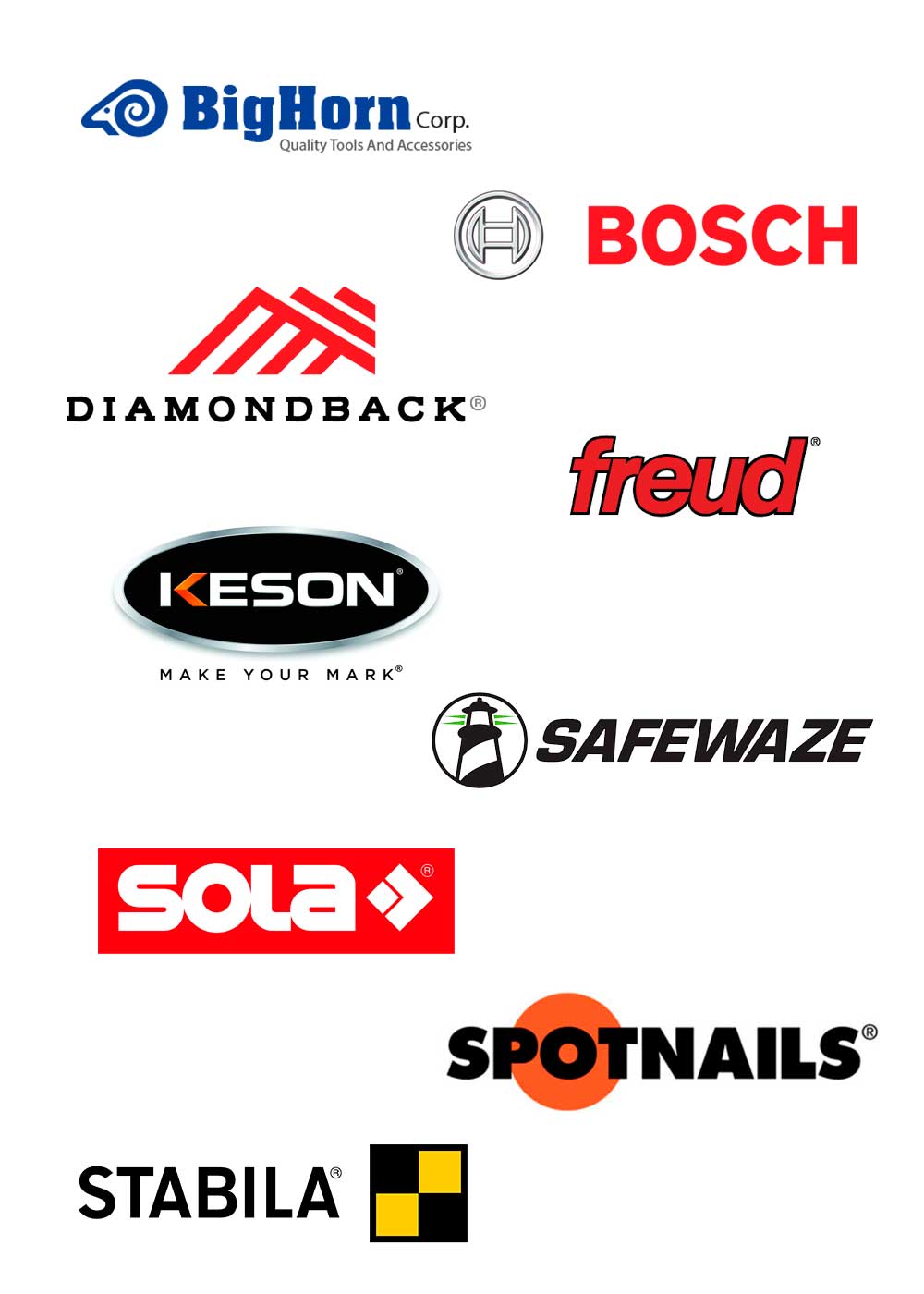 Various logos on a white background - BigHorn Corp, Bosch, Diamondback, Freud Industrial, Keson, Safewaze, Sola, SpotNails, Stabila