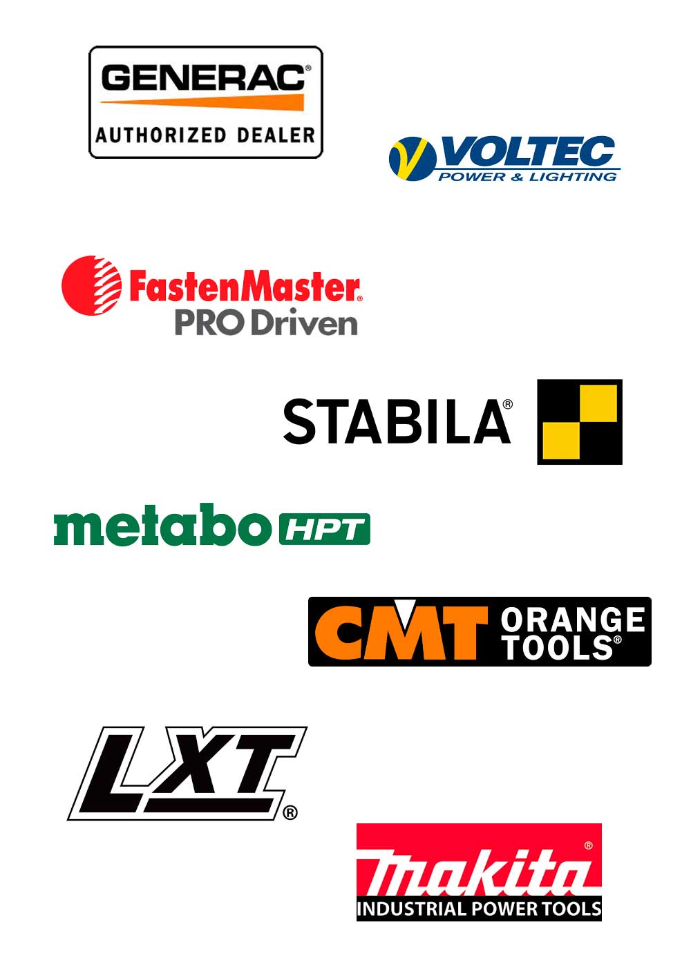 Various logos on a white background - Generac, Voltec, FastenMaster, Stabila, Metabo HPT, CMT Orange Tools, LXT, Makita Industrial Power Tools.