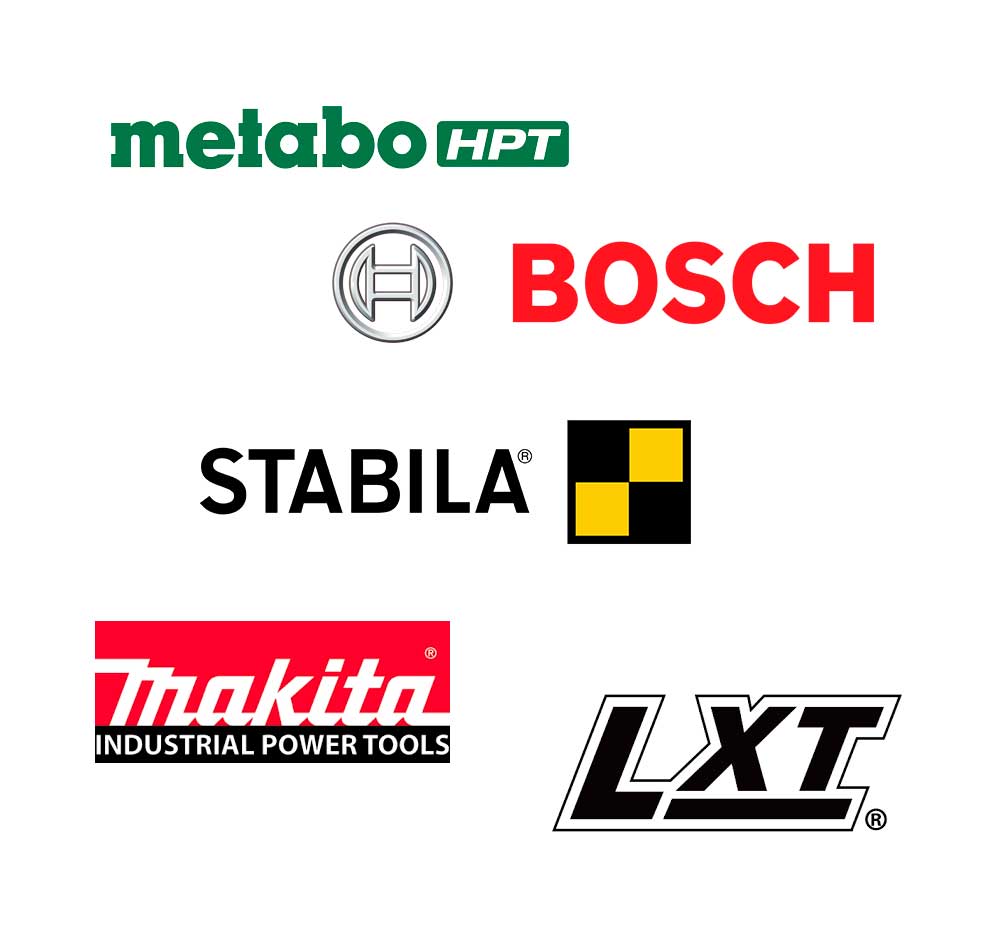 Logos for the manufacturers MetaboHPT, Bosch, Stabilia, Makita IPT, LXT on a white background