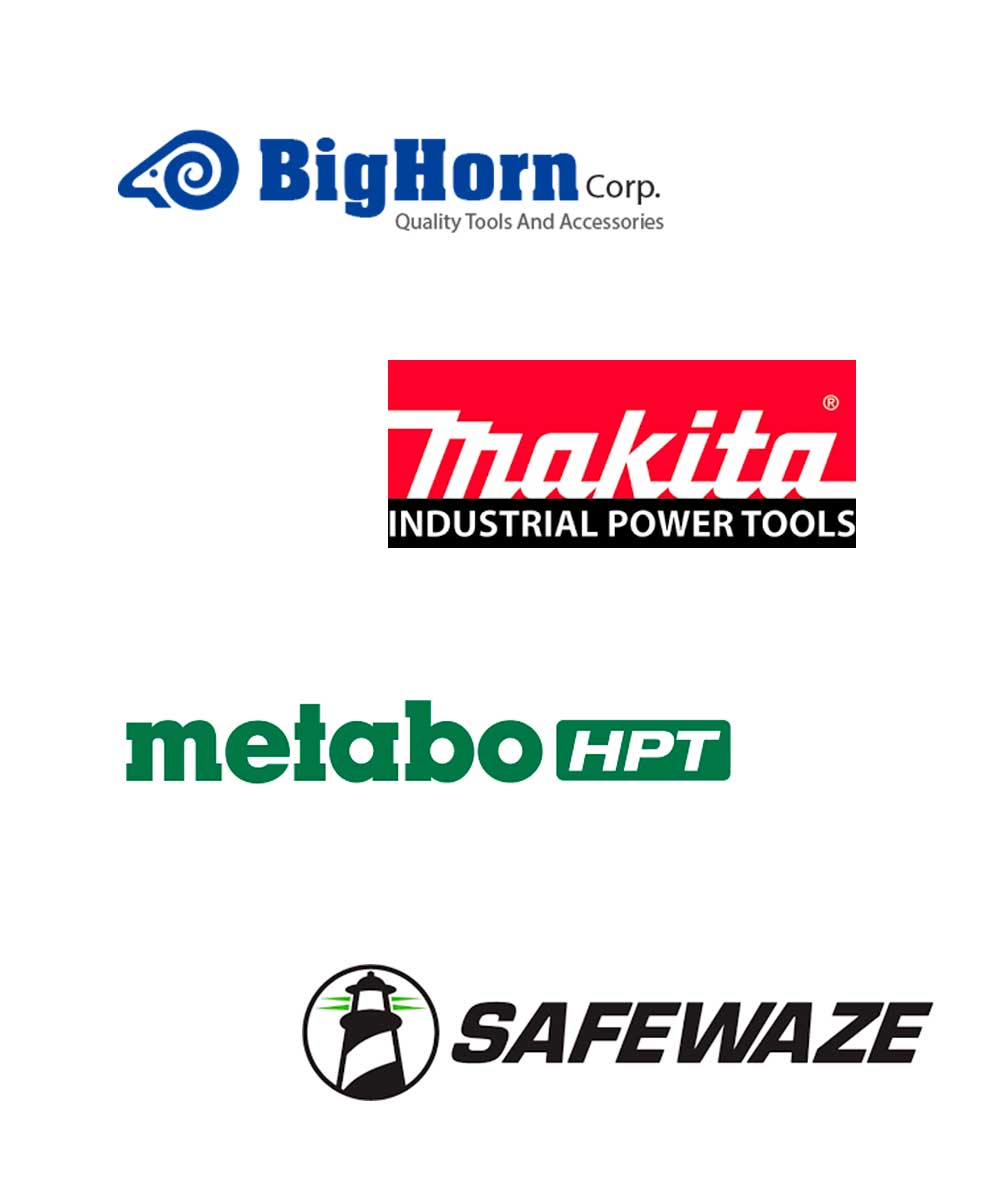 Logos of the companies with deals this month: Bighorn, Makita, Metabo, & Safewaze on a white background
