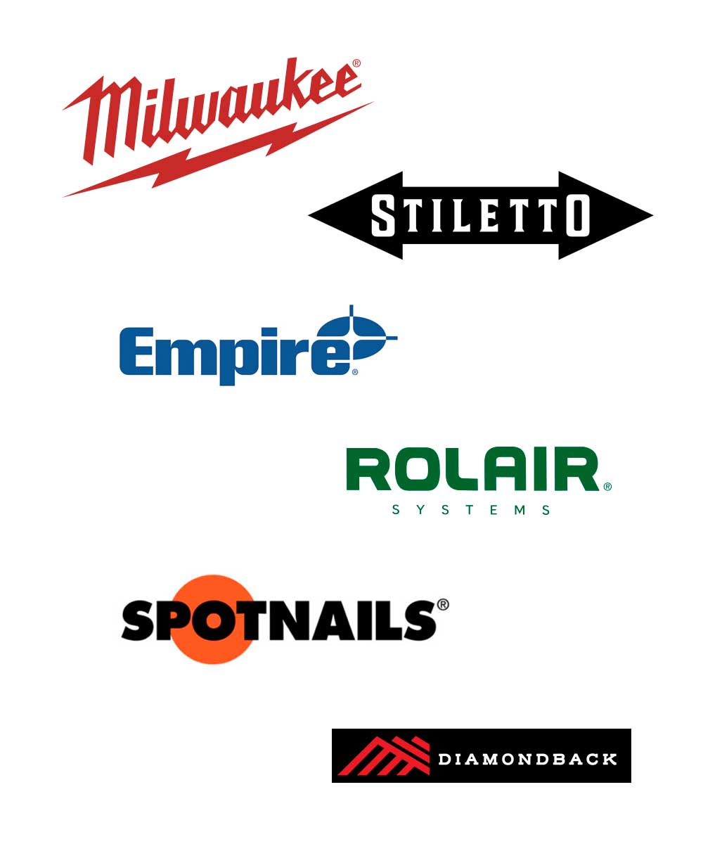 logos of the following manufacturers: Milwaukee Tool, Stiletto, Empire levels, Rolair, Spotnails, and Diamondback Toolbelts