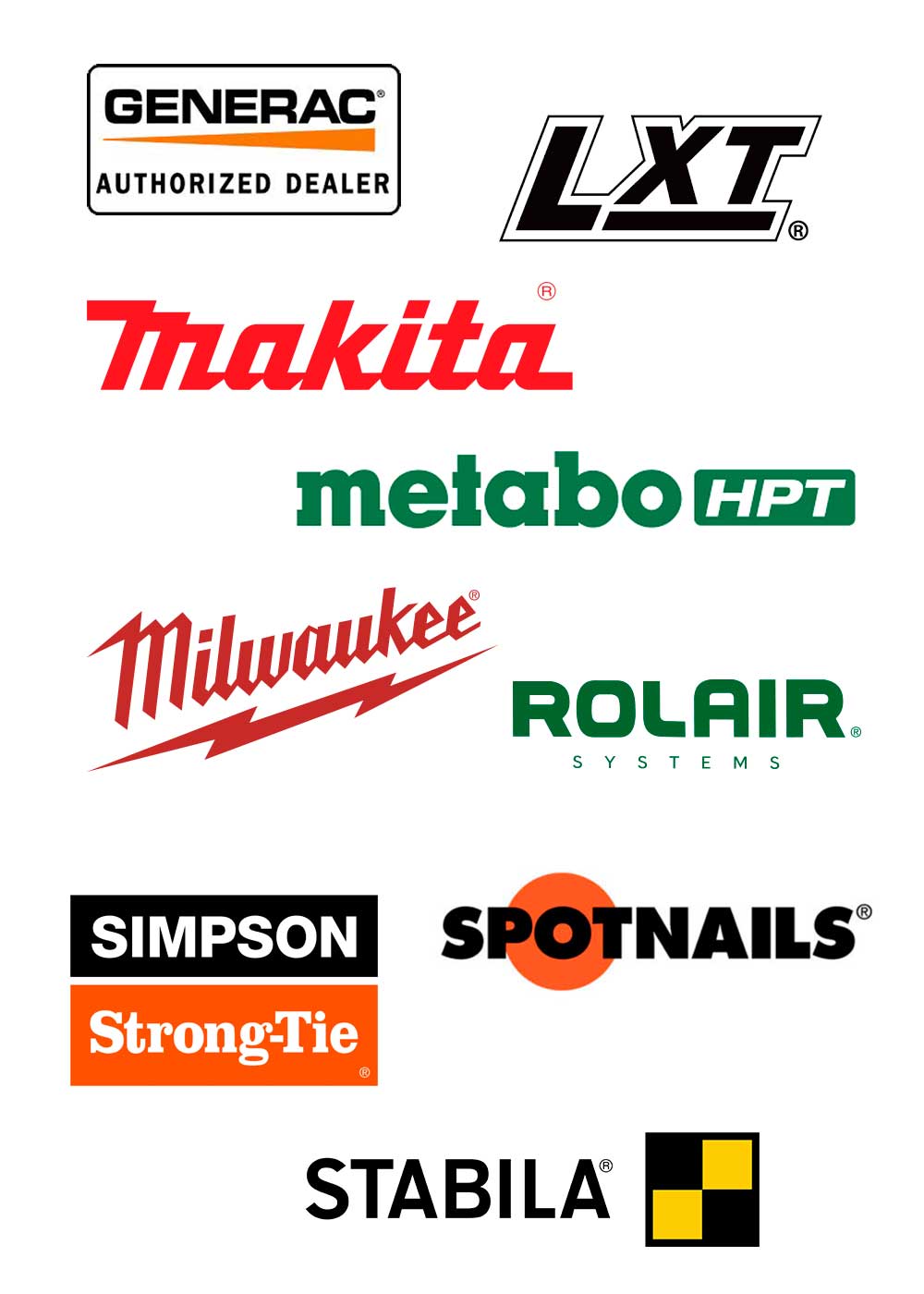 Logos of the following manufacturers on a white background: Generac, LXT, Makita, Metablo HPT, Milwaukee Tool, Rolair, Simpson Strong-Tie, SpotNails, Stabila