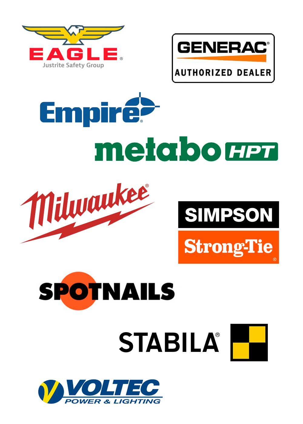 Logos of the following manufacturers on a white background: Eagle, Empire, Generac, MetaboHPT, Milwaukee, Simpson Strong-Tie, Spotnails, Stabila, and Voltec